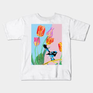 Abstract Blue Wren and Tulips Painting - on Pale Pink and Blue Kids T-Shirt